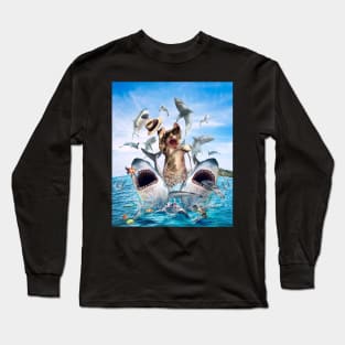 Cat Riding Sharks Long Sleeve T-Shirt